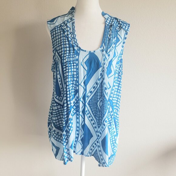 Plenty by Tracy Reese Top Blue Lightweight Soft Pleated Hi Low Geometric Size M - Picture 1 of 8